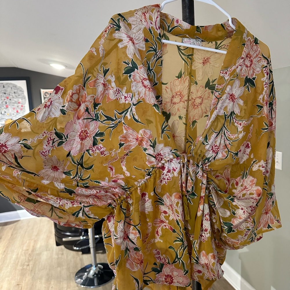 Free people yellow and pink floral cropped kimono